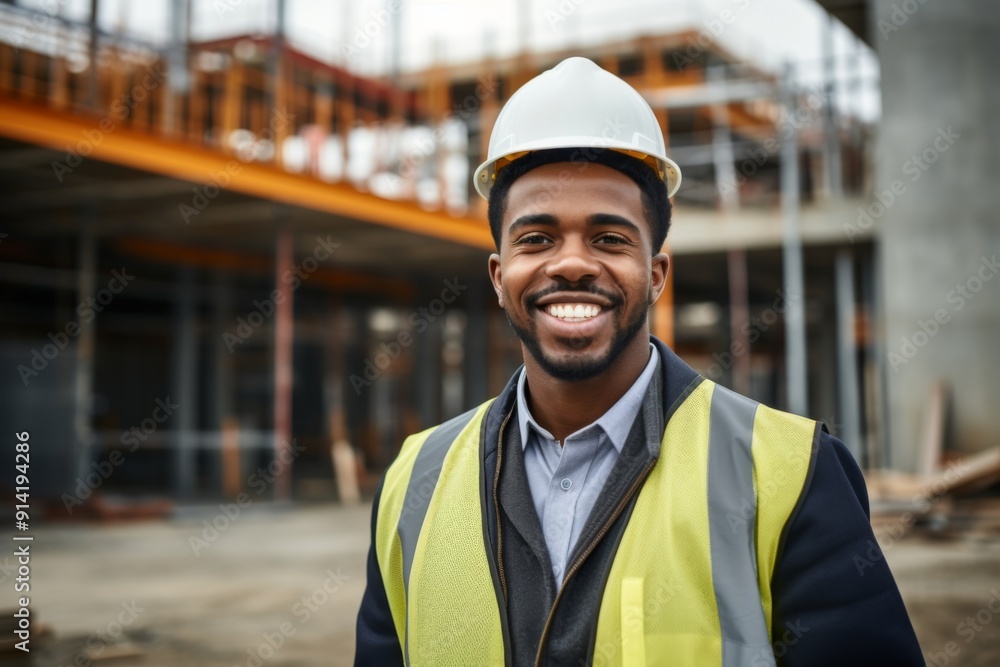 Smiling portrait of a young male African American architect on construction site Smiling portrait of a young male African American architect on construction site