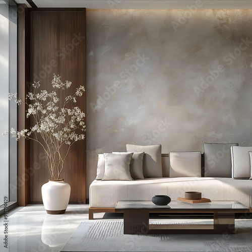 Aesthetic elegant minimalist japandi interior design. Clear mock up empty wall for decoration. Copy space. Neutral palette of natural colors. photo