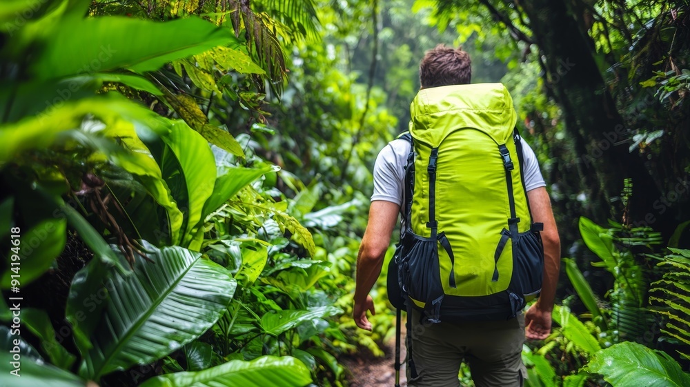 A Backpacker Trekking Through a Dense Tropical Rainforest A Backpacker Trekking Through a Dense Tropical Rainforest