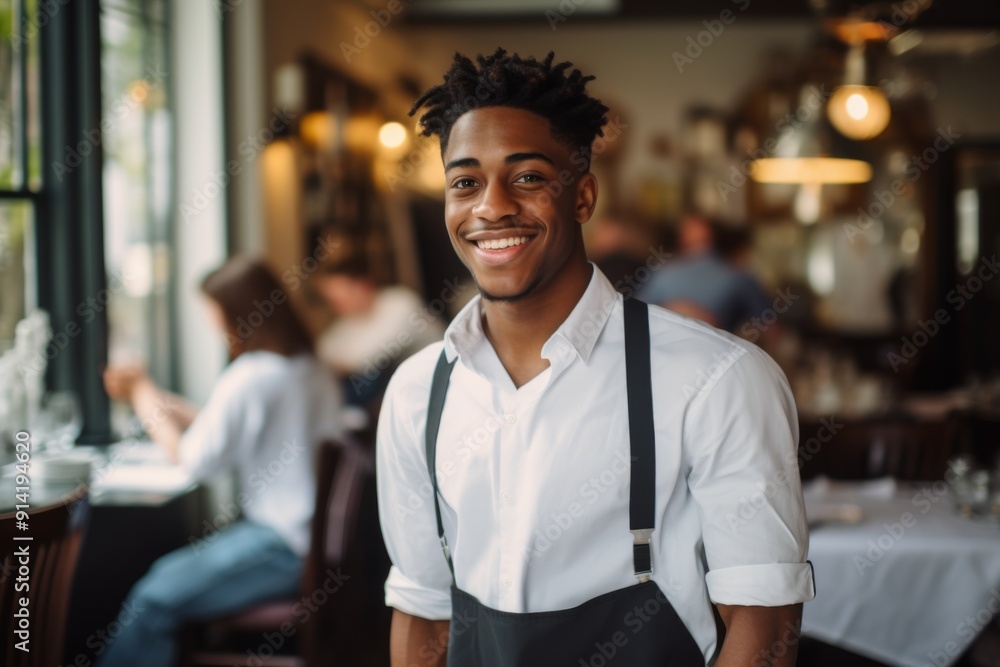 Obraz premium Portrait of a smiling young waiter at bar