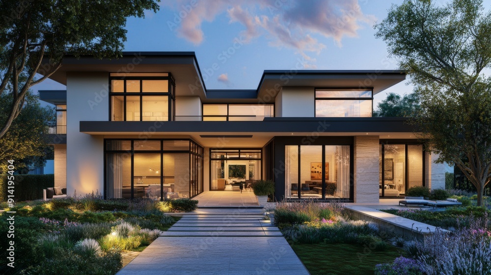 Fototapeta premium Stylish modern house 3D rendering with a flat roof and elegant outdoor living space.