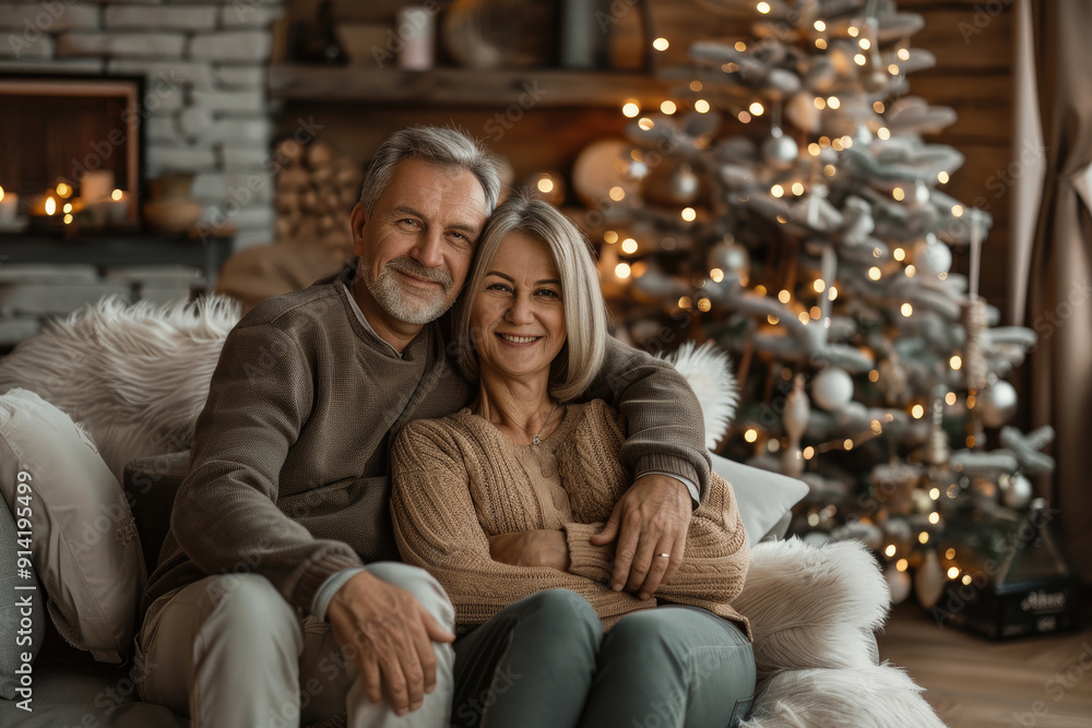 Happy elderly couple, filled with love, shares a heartfelt warm embrace in a stunningly decorated cozy home. Merry Christmas, Happy New Year Happy elderly couple, filled with love, shares a heartfelt warm embrace in a stunningly decorated cozy home. Merry Christmas, Happy New Year