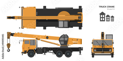 Truck crane industrial blueprint. Side, top and front views. Hydraulic equipment drawing. Isolated loader car in realistic style. 3d orange vehicle. Building lorry