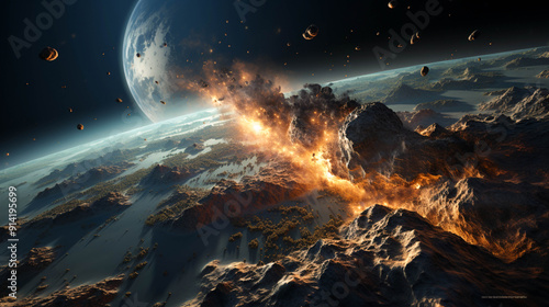 A asteroid cruising near planet earth closeup view