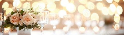 Closeup of white roses and a champagne flute on a table with bokeh lights