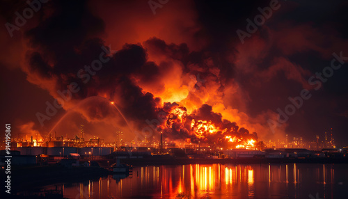 Fiery Night Scene Oil Depot Blaze with Dark Smoke Clouds Rising