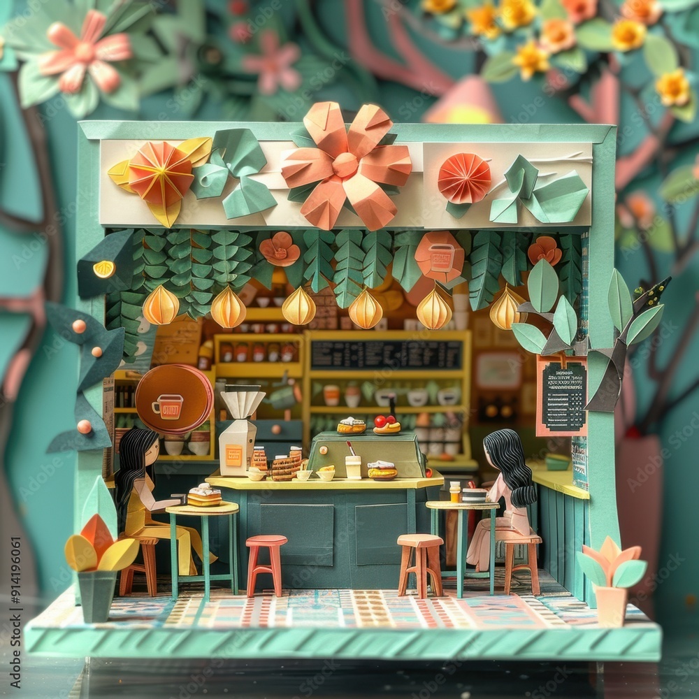 Fototapeta premium Origami Paper Illustration of Cozy Coffee Shop