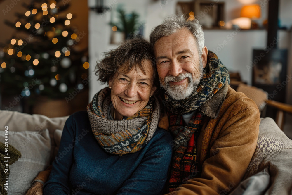 Happy elderly couple sitting on the couch hugging in a cozy house with a Christmas tree with lights. Merry Christmas, Happy New Year