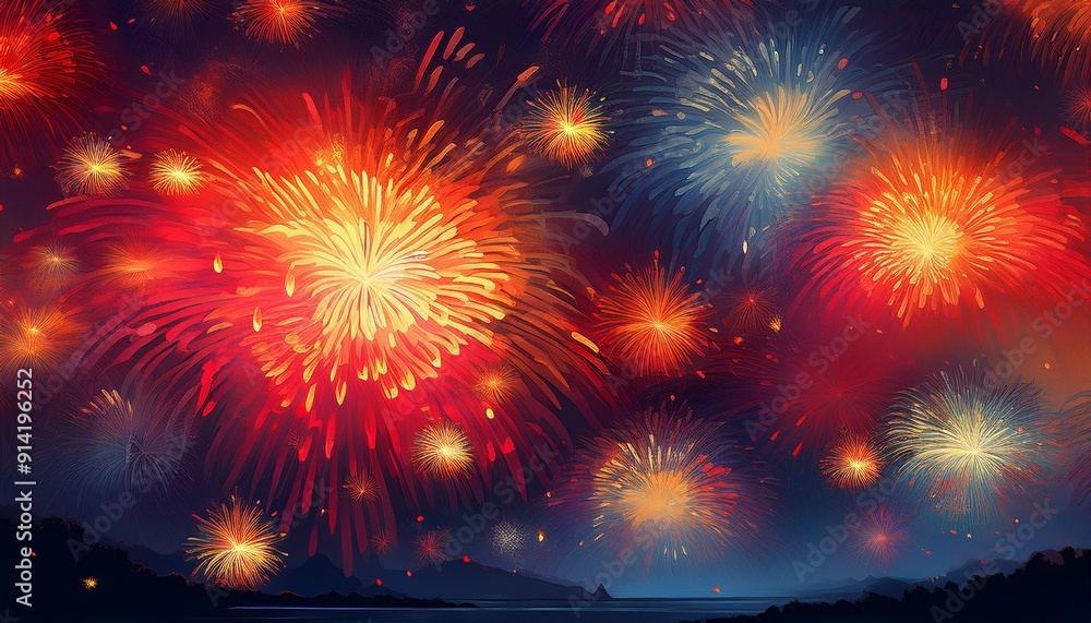 Background illustration of fireworks shining in the night sky, bright red and yellow colors Background illustration of fireworks shining in the night sky, bright red and yellow colors