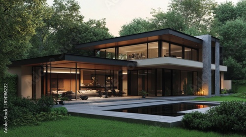 Stylish modern house 3D rendering with a flat roof and elegant outdoor living space.