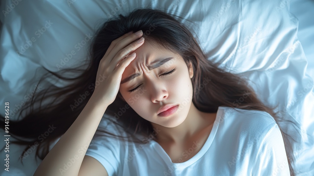 Fototapeta premium Unwell young Asian woman lying in bed, holding her forehead in discomfort, suffering from a headache.