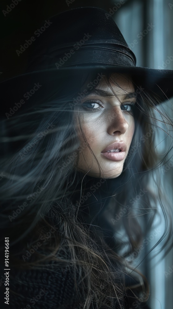 Mysterious blurred photo of a woman, wearing a hat, shadow, intriguing.