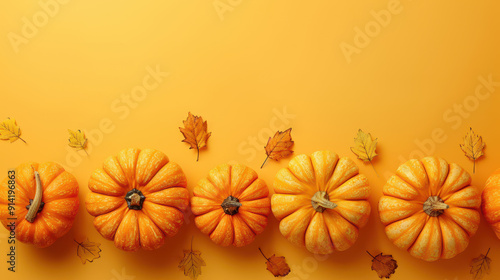 Scary pumpkins and autumn decor and Halloween decorations framing the edges on simple slean orange background. photo