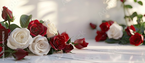 Fototapeta Naklejka Na Ścianę i Meble -  Various red and white roses beautifully arranged on the table with copy space image available