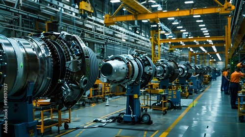 Engineers and robots in perfect harmony, assembling aircraft engines in a spotless, high-tech manufacturing facility 