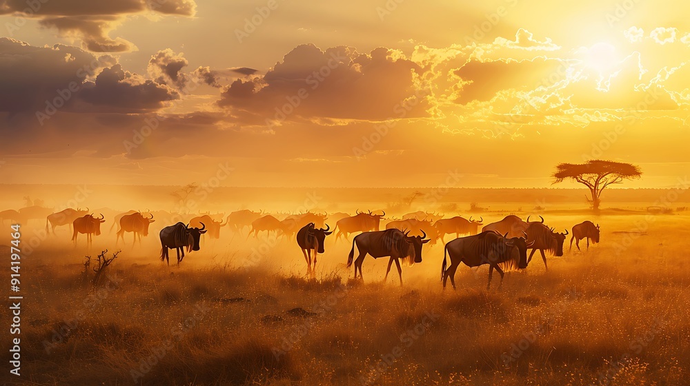 Wildebeest Herd Silhouette at Sunset in the African Savanna Wildebeest Herd Silhouette at Sunset in the African Savanna