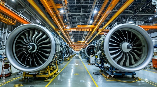A modern aircraft factory where human engineers and robots work together to build advanced aircraft engines