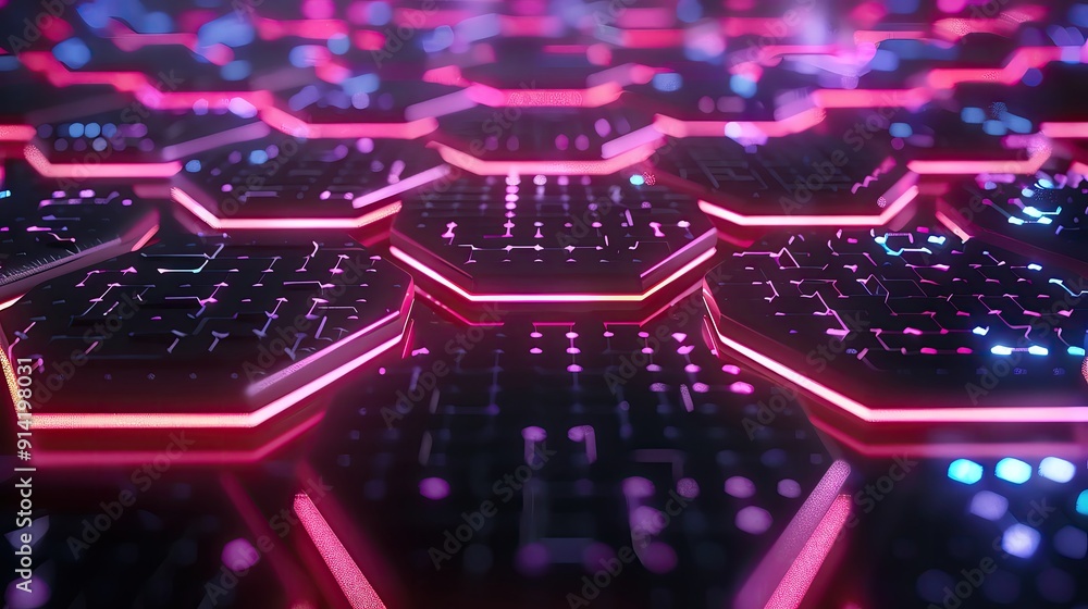 Futuristic hexagonal pattern with vibrant neon lights, showcasing a digital landscape of technology and innovation. Futuristic hexagonal pattern with vibrant neon lights, showcasing a digital landscape of technology and innovation.