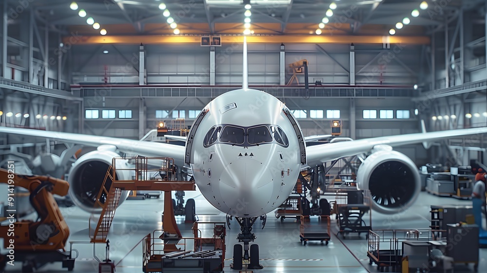 A high-tech aircraft assembly line where human expertise and robotic precision come together to build advanced aircraft parts A high-tech aircraft assembly line where human expertise and robotic precision come together to build advanced aircraft parts