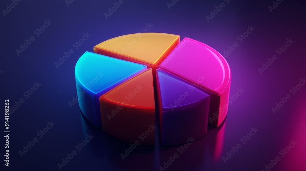 Fototapeta premium Vibrant 3D financial pie chart with glowing segments in bright, contrasting colors.