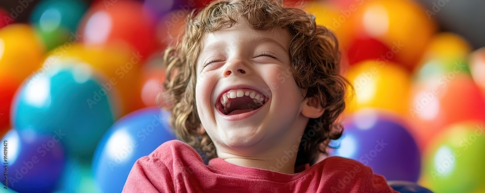 A joyful child with curly hair laughing heartily against a colorful background of balloons, capturing pure happiness and fun. A joyful child with curly hair laughing heartily against a colorful background of balloons, capturing pure happiness and fun.