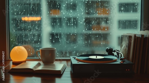 A quaint cafe interior, where a record player spins lofi jazz tunes, accompanied by steaming cups of coffee, books, and a rainy window view
