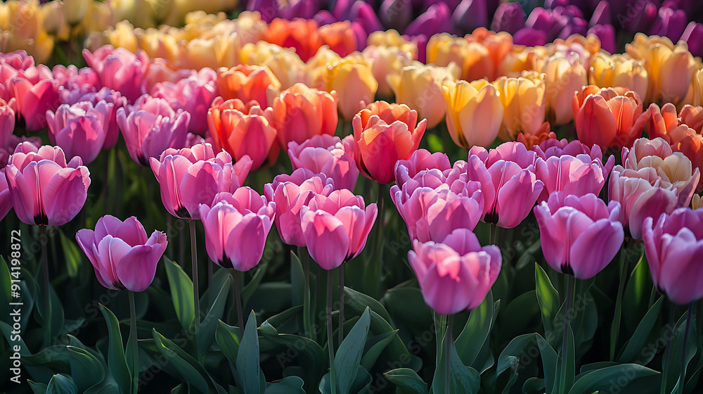 A garden bed of tulips in various shades, creating a beautiful gradient of colors A garden bed of tulips in various shades, creating a beautiful gradient of colors