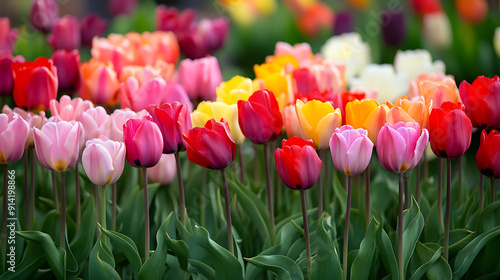 A garden bed of tulips in various shades, creating a beautiful gradient of colors 