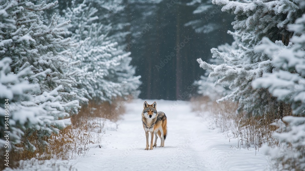 A lonely wolf standing on a snowy forest path, with pine trees covered in snow. A lonely wolf standing on a snowy forest path, with pine trees covered in snow.