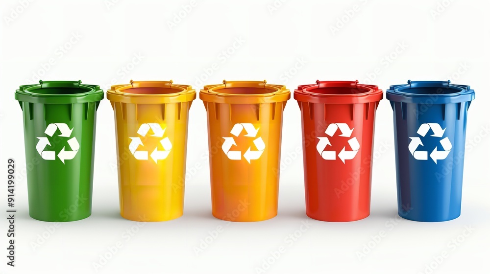 Recycle bins in the colors green, yellow, orange, red, blue, and black ...