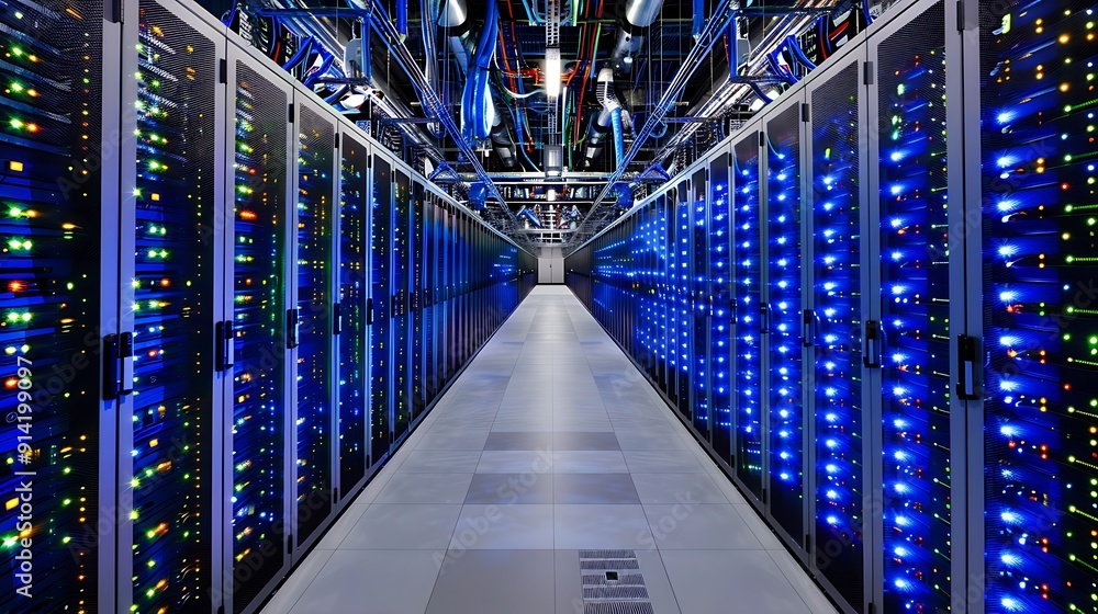 Fototapeta premium Server Room with Blue Lighted Racks