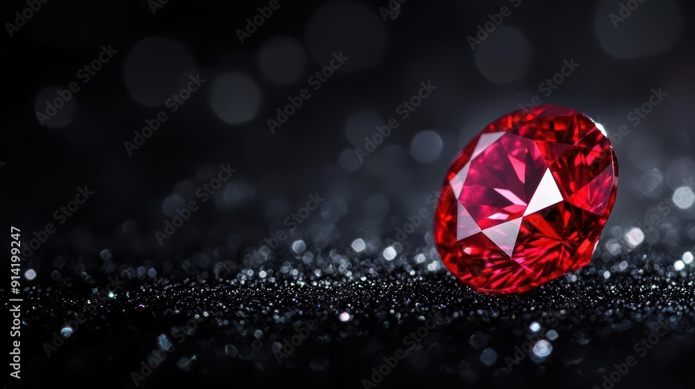 A single, brilliant red ruby gemstone on a black background. A single, brilliant red ruby gemstone on a black background.