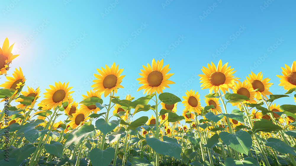 Obraz premium A sunflower garden with tall, bright yellow flowers standing against a clear blue sky