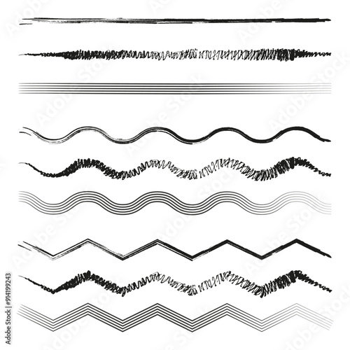 Wavy line set. Hand-drawn vector lines. Abstract zigzag patterns. Black sketchy designs. photo