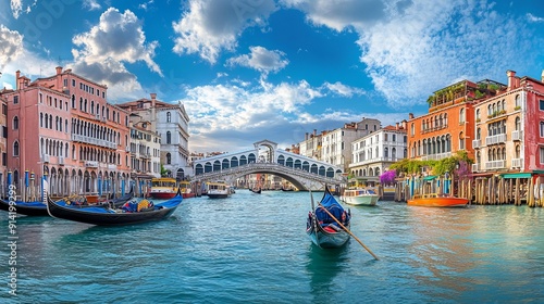Venice, Italy - September 23, 2019: Panoramic view of the Grand Canal with gondolas and the Rialto Bridge (Ponte di Rialto). Venice, Italy