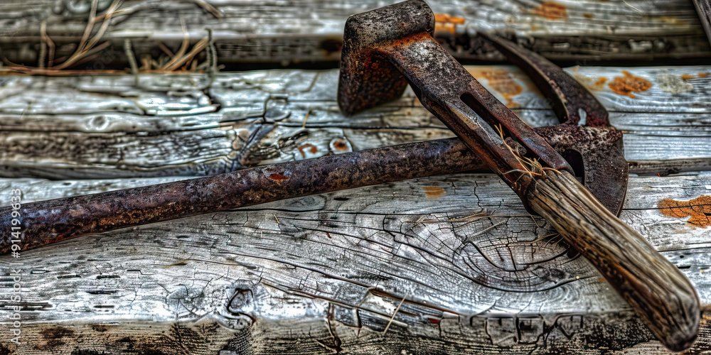 Herdsman's Tools: A rustic set of animal husbandry tools, resting on a weathered wooden bench. Herdsman's Tools: A rustic set of animal husbandry tools, resting on a weathered wooden bench.