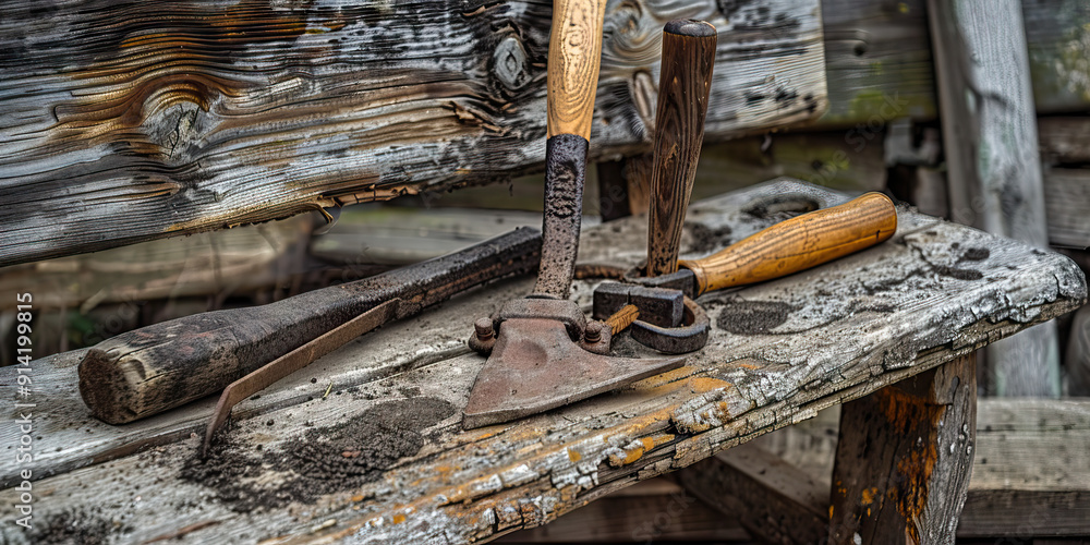 Herdsman's Tools: A rustic set of animal husbandry tools, resting on a weathered wooden bench. Herdsman's Tools: A rustic set of animal husbandry tools, resting on a weathered wooden bench.