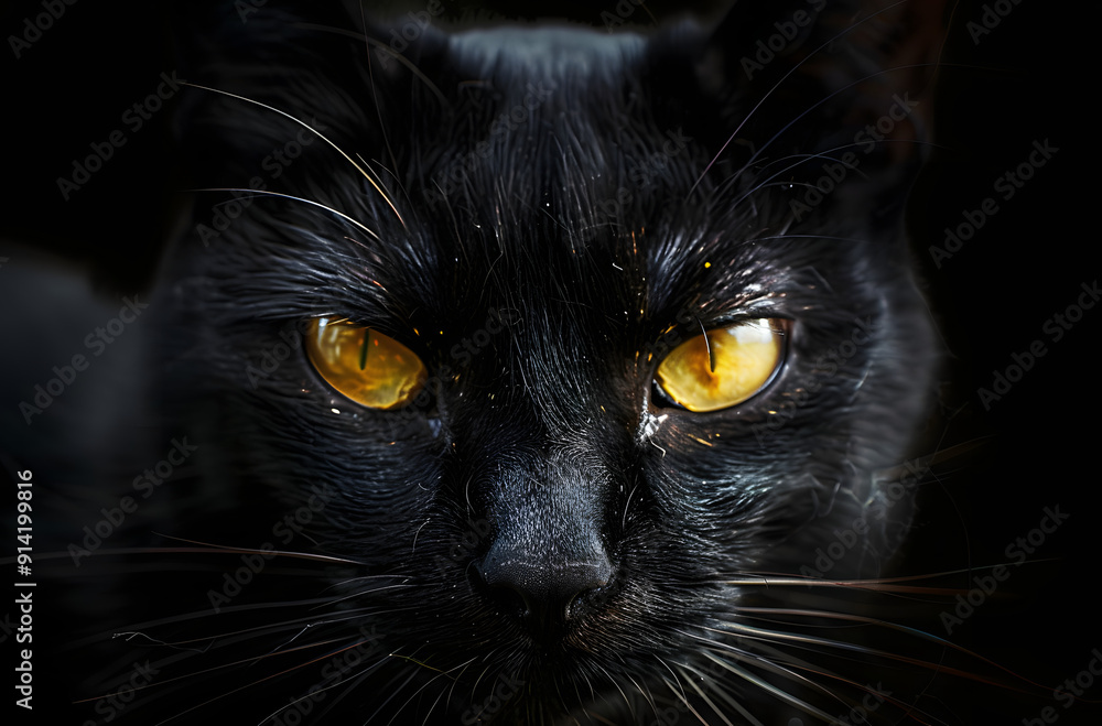 Closeup portrait black cat The face in front of eyes is yellow. Halloween black cat Black background Closeup portrait black cat The face in front of eyes is yellow. Halloween black cat Black background