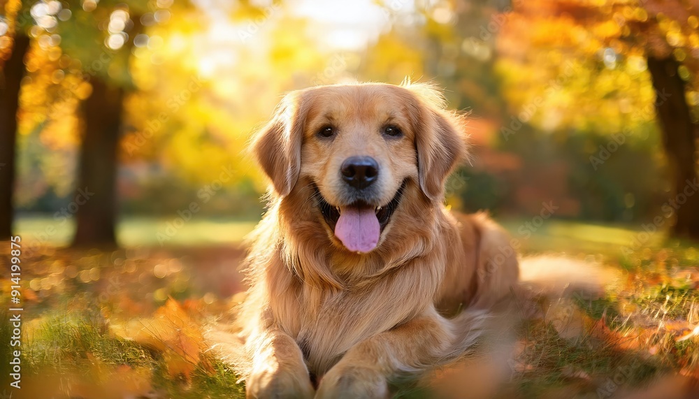 Obraz premium happy Golden retriever outdoors in a park in autumn season with fall leaf and colorful tree background