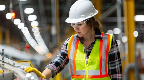 Woman worker in a safety vest and hard hat, looking down and working on a machine.