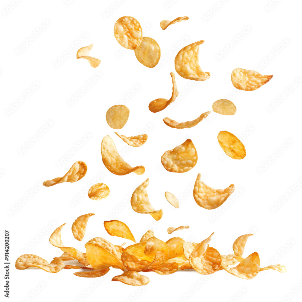 Flying and falling crispy potato chips on transparent background Flying and falling crispy potato chips on transparent background