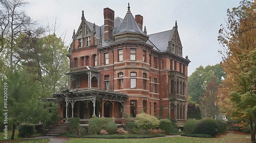 Victorian Mansion with a Gabled Roof and Surrounding Trees Victorian Mansion with a Gabled Roof and Surrounding Trees