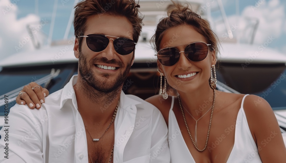 Smiling Couple Wearing Sunglasses and Casual Clothes Posing on a Yacht, Vacation and Love Concept Smiling Couple Wearing Sunglasses and Casual Clothes Posing on a Yacht, Vacation and Love Concept