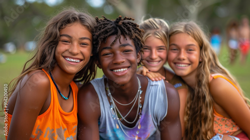 Diversity, school and smile with kids in a row. Portrait, friends and children standing in a line together outdoor, feeling happy while having fun or playing. 