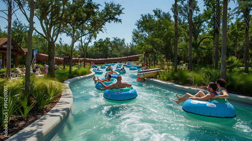 Group of friends floating down river on colorful tubes, relaxing on a sunny day together.