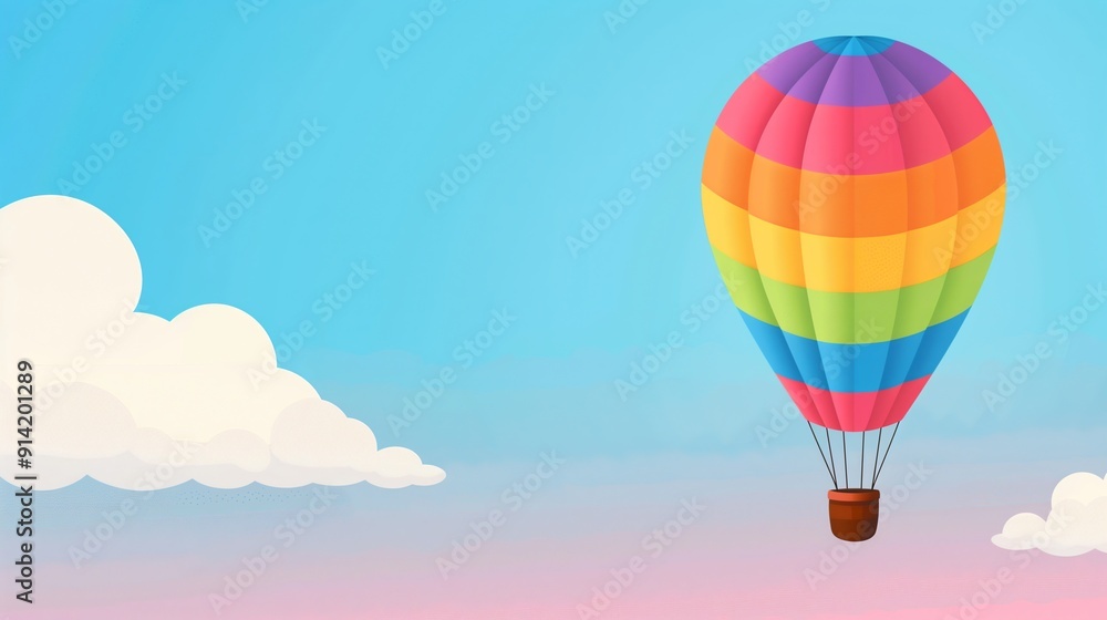 Fototapeta premium Colorful Rainbow Hot Air Balloon Floating in Clear Blue Sky with Puffy White Clouds and Soft Pink Horizon, Ideal for Travel, Adventure, and Summer Themes, Backgrounds Wallpapers Greeting Cards