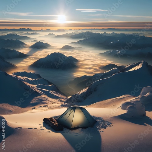 A minimalist single-person bivy tent on a snowy mountaintop with a breathtaking view  photo