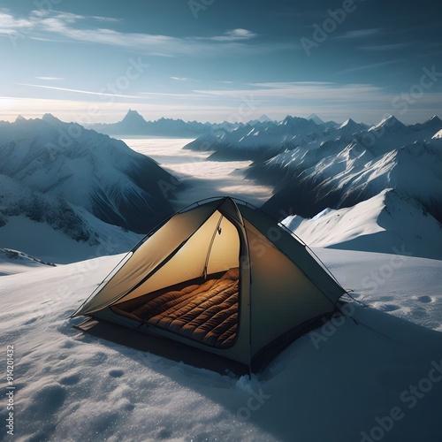 A minimalist single-person bivy tent on a snowy mountaintop with a breathtaking view photo