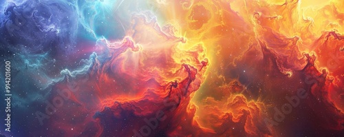 Vibrant cosmic nebula with swirling colors of blue, orange, and red in a stunning outer space scene, perfect for space-themed backgrounds.