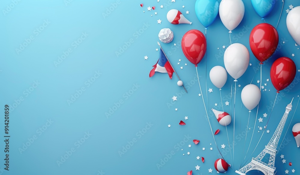 3d illustration of France National Day, French flag and Eiffel Tower with balloons on blue background for celebration French holiday concept 3d illustration of France National Day, French flag and Eiffel Tower with balloons on blue background for celebration French holiday concept